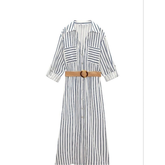 Zara Linen blend navy Striped Button-Down Dress with Belt - Picture 5 of 12